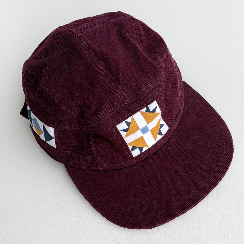 Retro Corduroy 5 Panel Hat Burgundy Aztec Quilt Patch Adjustable Strapback PNW